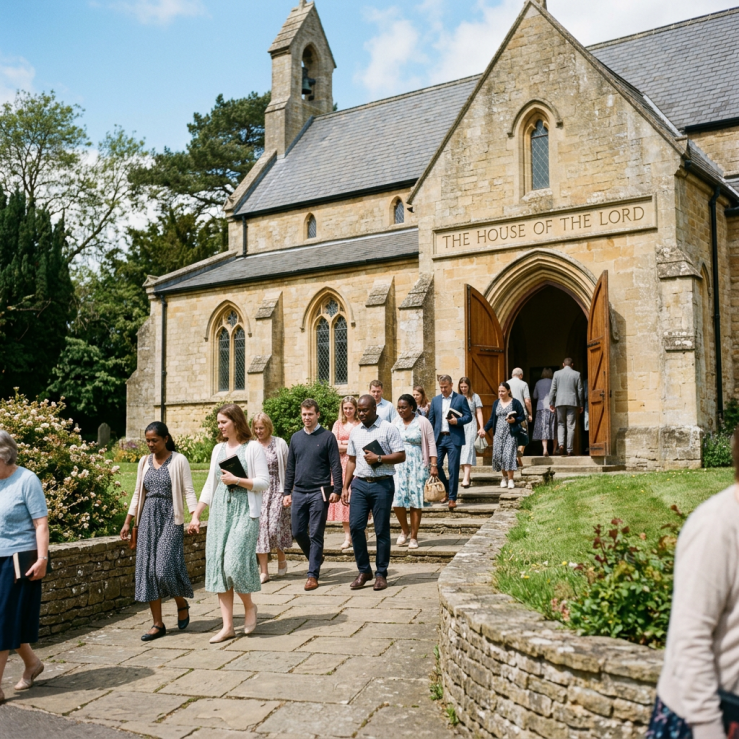 People walking down stone steps outside a church labeled The House of the Lord
